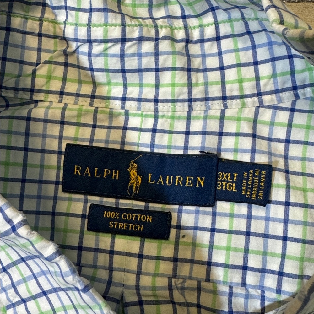 Polo Ralph Lauren mens 3XLT Tall blue green check plaid stretch oxford shirt EUC - Picture 2 of 5